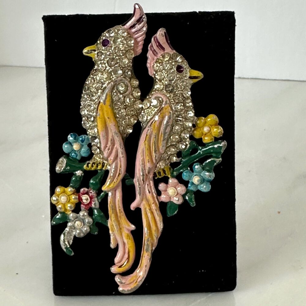 Vintage 1940s Coro Style Cockatoo Bird Brooch Enamel Pavé Rhinestone Figural Pin